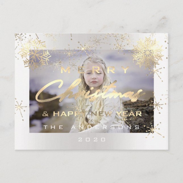 Frohe Weihnachten Glück Neujahr Gold Weißes Foto Postkarte (Vorderseite)