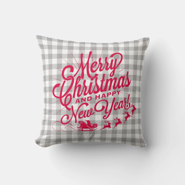 Frohe Weihnachten Glück Neujahr Gray Karo Muster Kissen (Vorderseite)