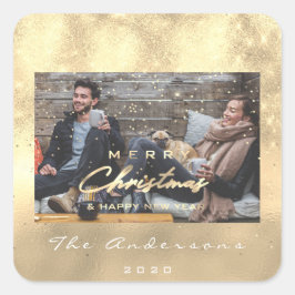 Frohe Weihnachten Glück Neujahr Imitate Gold Foto Quadratischer Aufkleber