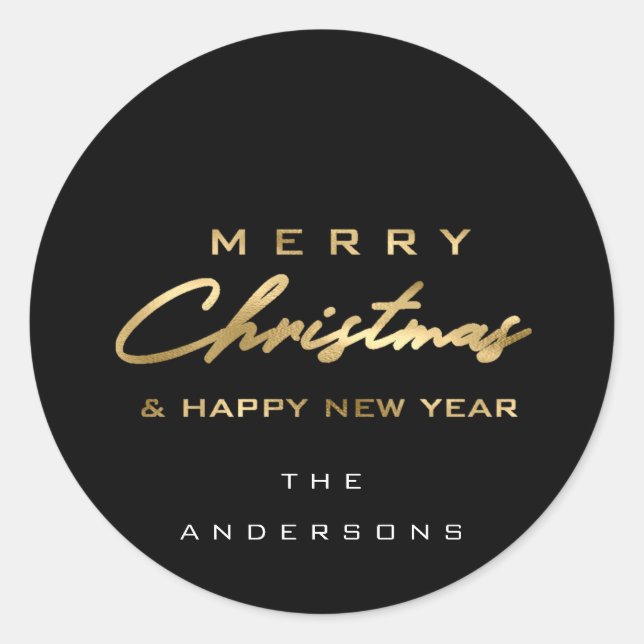 Frohe Weihnachten & Glück Neujahr Name Schwarzes G Runder Aufkleber (Vorderseite)