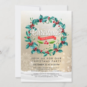 Frohe Weihnachten Glück Neujahr Party Holly Wreath Einladung