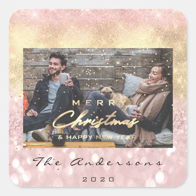 Frohe Weihnachten Glück Neujahr Pink Gold Foto Quadratischer Aufkleber (Vorderseite)