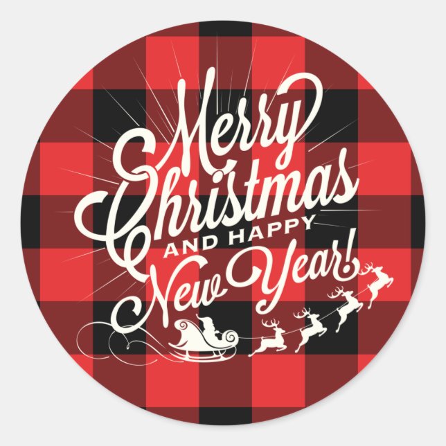 Frohe Weihnachten Glück Neujahr Red Black Karo Runder Aufkleber (Vorderseite)
