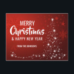 Frohe Weihnachten Glück Neujahr Red White Tree<br><div class="desc">Personalisieren Sie diese modernen Postkarten mit Hintergrundfarbe in rot-weiß,  funkelnde Lichter und Weihnachtsbaum. Frohe Weihnachten und glückliches Neues Jahr in Weiß. Fügen Sie den Familiennamen vor oder löschen Sie ihn. Rückseite der Karte editierbar mit der Option hinzufügen oder löschen,  um Handschrift Nachricht.</div>