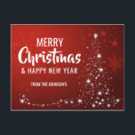 Frohe Weihnachten Glück Neujahr Red White Tree<br><div class="desc">Personalisieren Sie diese modernen Postkarten mit Hintergrundfarbe in rot-weiß,  funkelnde Lichter und Weihnachtsbaum. Frohe Weihnachten und glückliches Neues Jahr in Weiß. Fügen Sie den Familiennamen vor oder löschen Sie ihn. Rückseite der Karte editierbar mit der Option hinzufügen oder löschen,  um Handschrift Nachricht.</div>