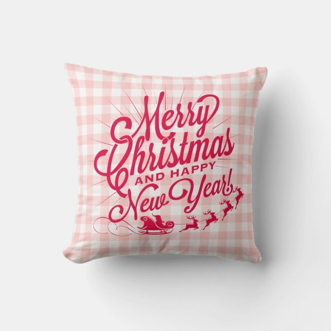 Frohe Weihnachten Glück Neujahr Rosa Karo Kissen (Vorderseite)