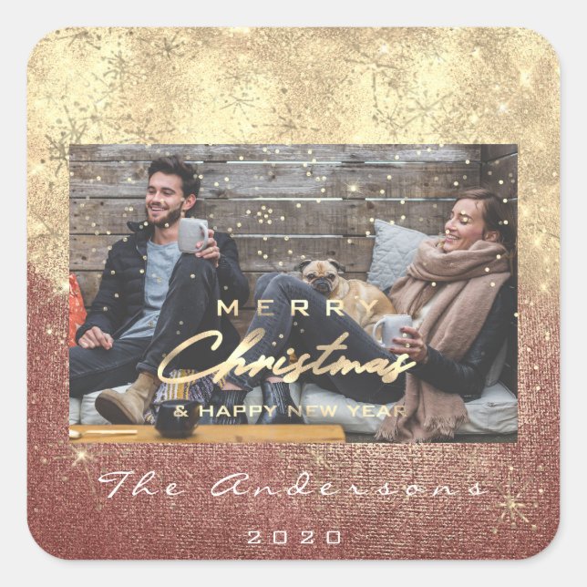 Frohe Weihnachten Glück Neujahr Rose Gold Foto Quadratischer Aufkleber (Vorderseite)