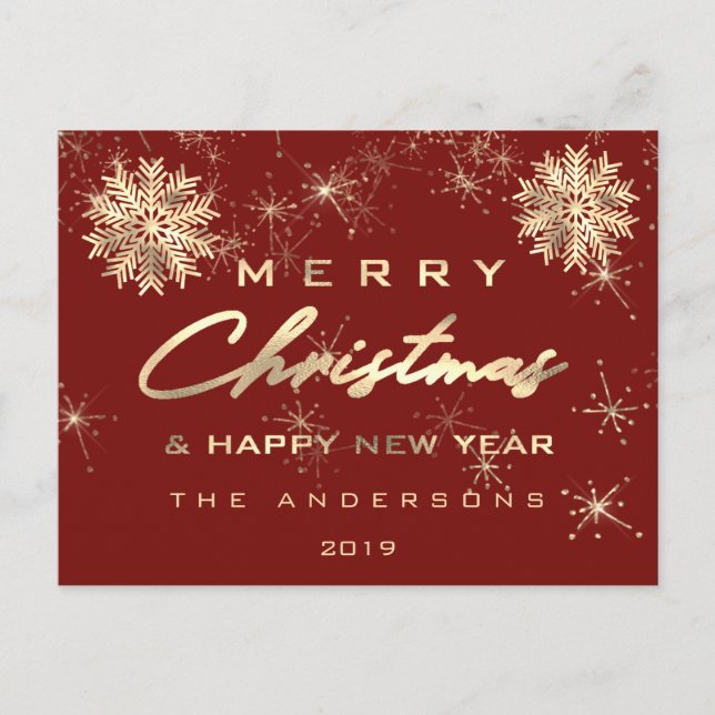 Frohe Weihnachten Glück Neujahr Schnee Gold Burgun Postkarte (Vorderseite)