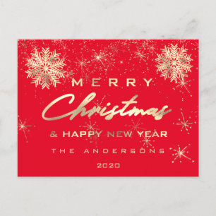 Frohe Weihnachten Glück Neujahr Schnee Gold Roter Postkarte