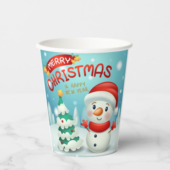 Frohe Weihnachten Glück Neujahr Schneemann Niedlic Pappbecher (Vorderseite)