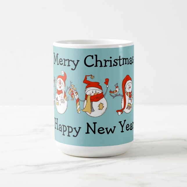 Frohe Weihnachten Glück Neujahr Schneemänner Kaffeetasse (Mittel)