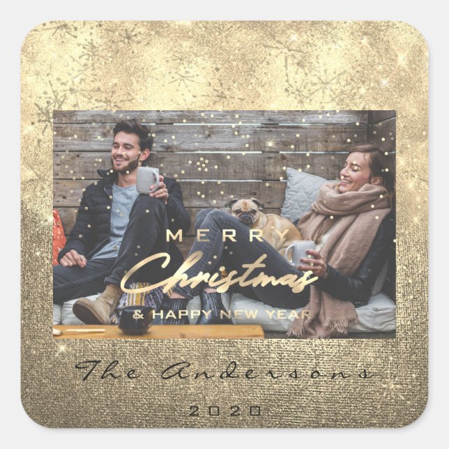 Frohe Weihnachten Glück Neujahr Sepia Gold Foto Quadratischer Aufkleber (Vorderseite)