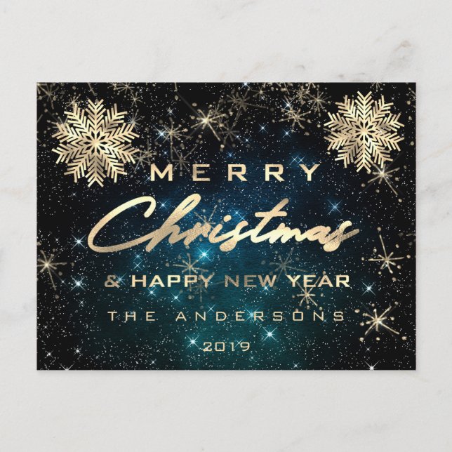 Frohe Weihnachten Glück Neujahr Snow Gold Sky Aqua Postkarte (Vorderseite)