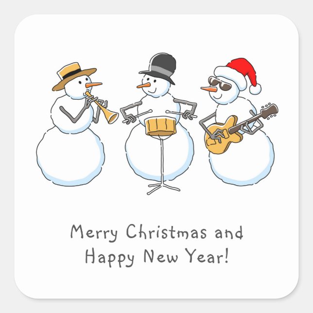 Frohe Weihnachten Glück Neujahr Snowman Jazzband Quadratischer Aufkleber (Vorderseite)