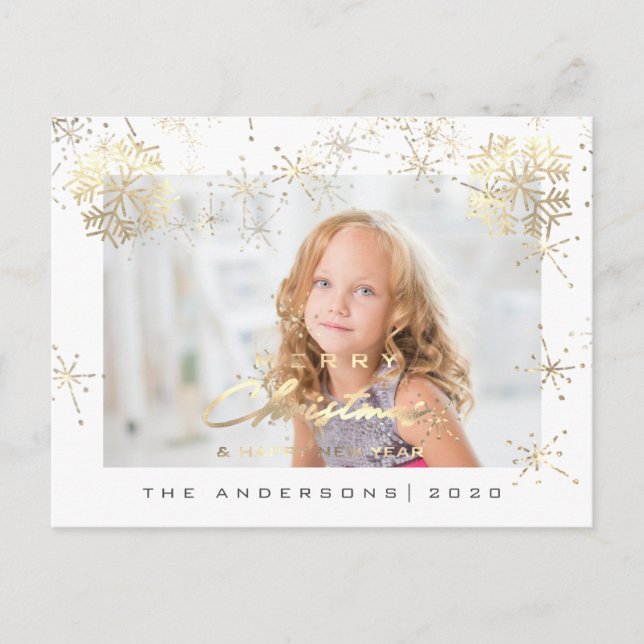 Frohe Weihnachten glücklich Jahr Gold Schnee Weiße Postkarte (Vorderseite)
