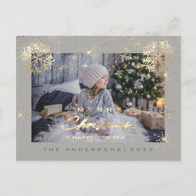Frohe Weihnachten glücklich Jahr Gold Snow Gray Fo Postkarte (Vorderseite)