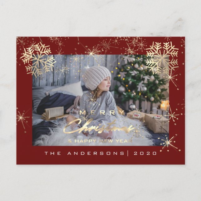 Frohe Weihnachten glücklich Jahr Gold Snow Maroon  Postkarte (Vorderseite)