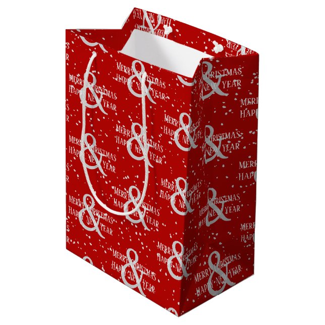 Frohe Weihnachten glücklich Neues Jahr und Schneef Mittlere Geschenktüte (Rückseite Schrägansicht)