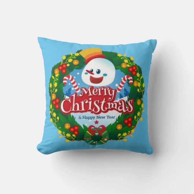 Frohe Weihnachten glücklich Snowman Wreath Kissen (Vorderseite)