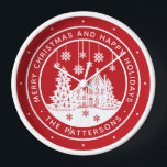 Frohe Weihnachten glückliche Ferien Winter Persona Uhr<br><div class="desc">Frohe Weihnachten glückliche Ferien Winter Personalisierte Name Uhren enthält den Text "Frohe Weihnachten und glückliche Feiertage" in modernen weißen Schrift auf einem roten Hintergrund und personalisiert mit Ihrem Namen rund um einen Zuhause mit Weihnachtsbäumen und Schneeflocken. Ideal für Weihnachtsgeschenke und Gastgeschenke. Entworfen von ©Evco Studio www.zazzle.com/store/evcostudio</div>