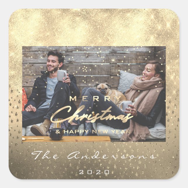 Frohe Weihnachten glückliche Neujahrsstars Gold Fo Quadratischer Aufkleber (Vorderseite)