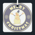 Frohe Weihnachten glückliche Snowman berühmten Kaf Ornament Aus Metall<br><div class="desc">Berühmtes Coffeesemblem mit fröhlicher Weihnachtstypografie</div>