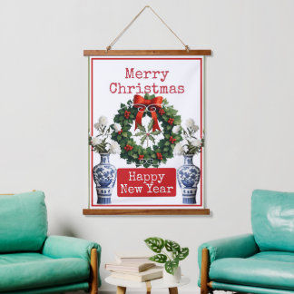 FROHE WEIHNACHTEN GLÜCKLICHES NEUES JAHR WANDTEPPICH MIT HOLZRAHMEN