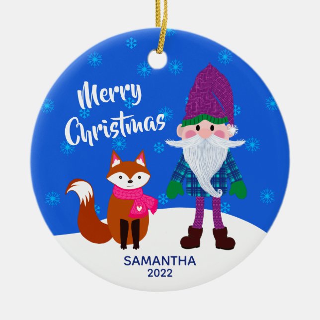 Frohe Weihnachten Gnome Fox Snowflakes Blau Keramik Ornament (Vorne)