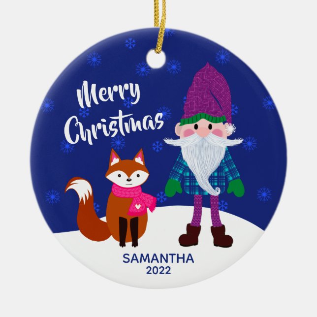 Frohe Weihnachten Gnome Fox Snowflakes Mitternacht Keramik Ornament (Vorne)