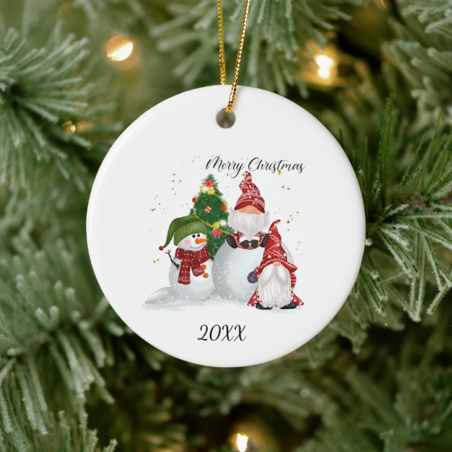 Frohe Weihnachten Gnomes Snowman Keramik Ornament (Baum)