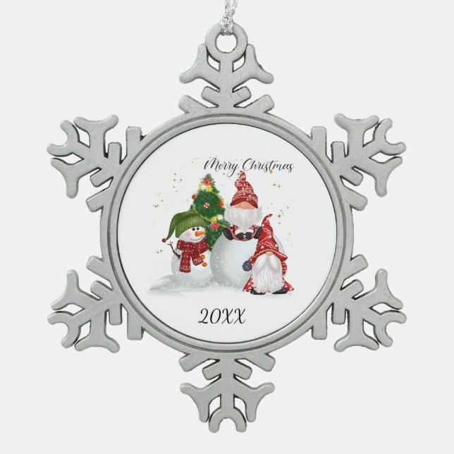 Frohe Weihnachten Gnomes Snowman Schneeflocken Zinn-Ornament (Vorderseite)