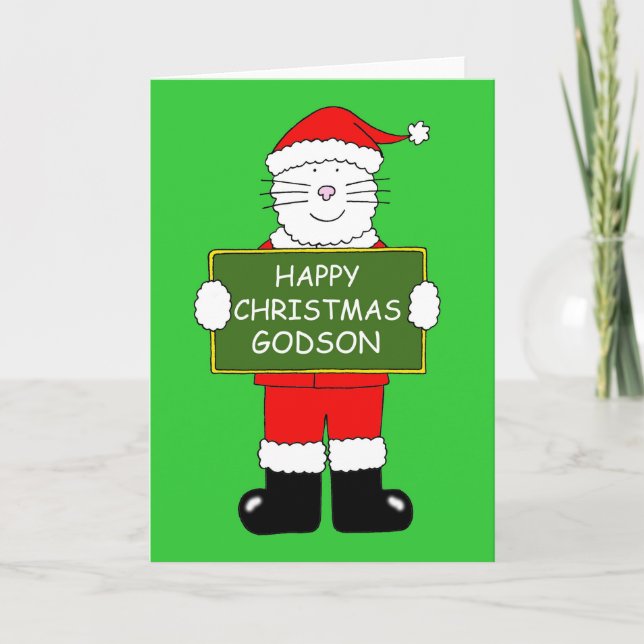 Frohe Weihnachten Godson Cartoon Katze in Santa Ou Karte (Vorderseite)