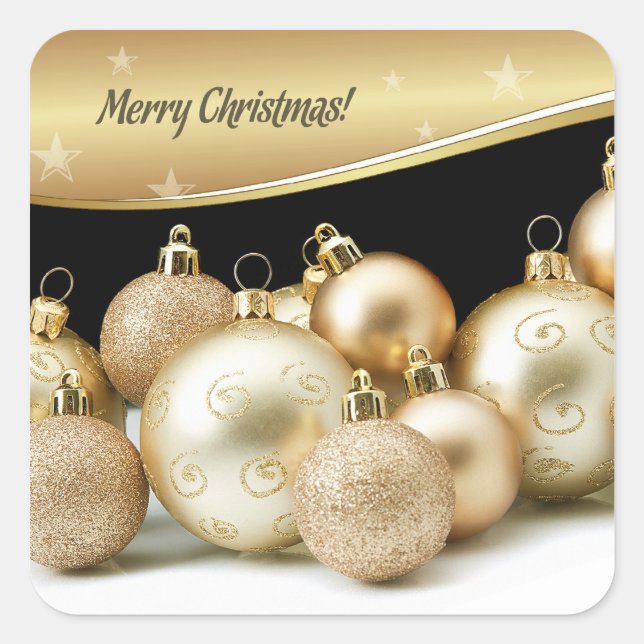 Frohe Weihnachten. Gold Balls Geschenkartikel Quadratischer Aufkleber (Vorderseite)