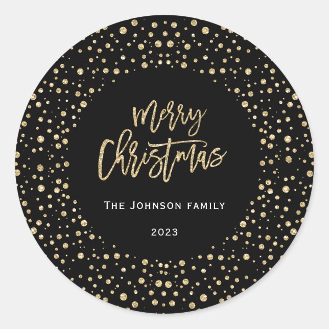Frohe Weihnachten Gold Black Glitzer Dots Foto Runder Aufkleber (Vorderseite)