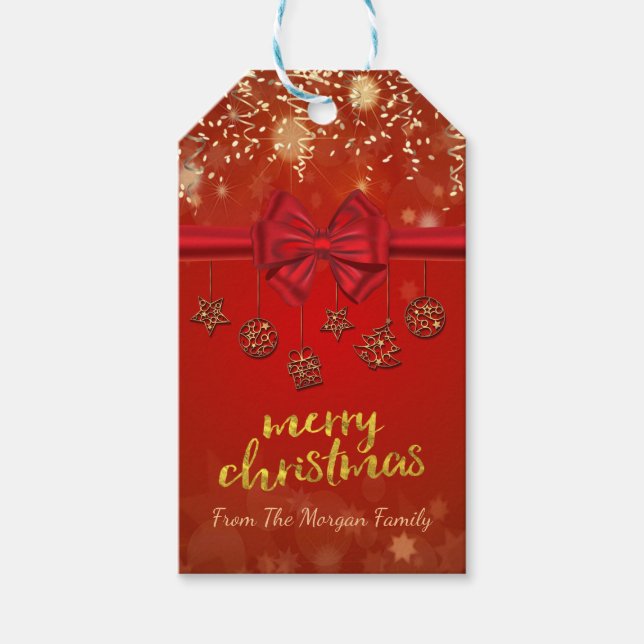 Frohe Weihnachten, Gold Confetti, Red Bow, Ornamen Geschenkanhänger (Vorderseite)