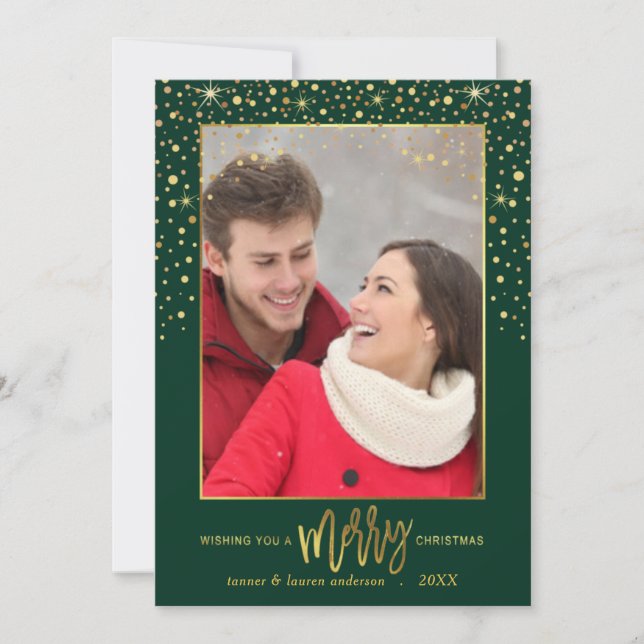 Frohe Weihnachten Gold Confetti Urlaub Foto-Grün (Vorderseite)
