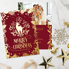 Frohe Weihnachten Gold Deer Holly Family Foto Folien Feiertagskarte
