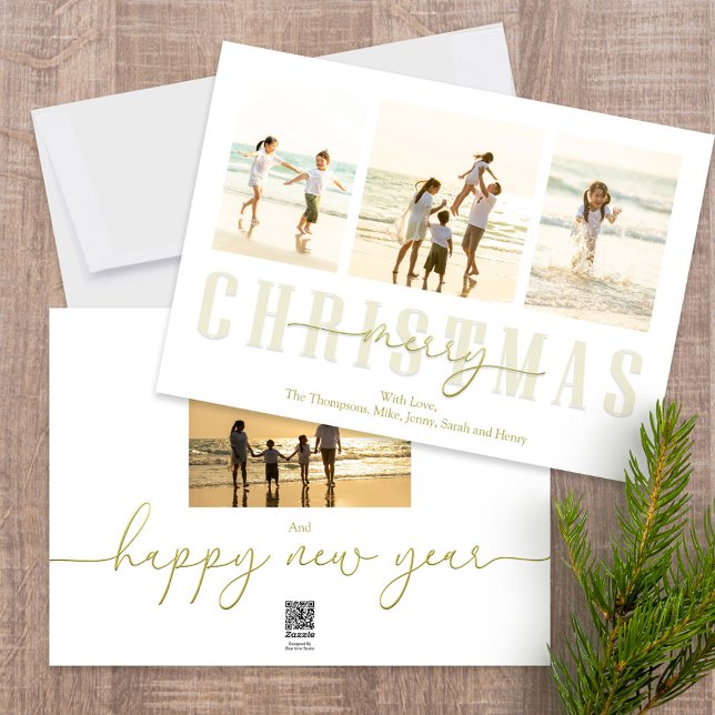 Frohe Weihnachten Gold Elegante Kalligraphie 4 Fot (Merry Christmas gold typography style photo card with a four photo template. )