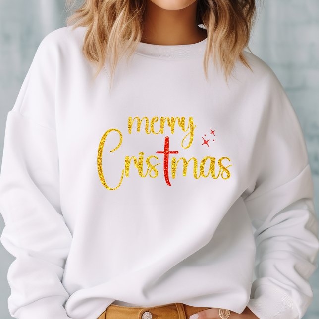 Frohe Weihnachten Gold Glitzer Rotes Christliches  Sweatshirt (Von Creator hochgeladen)