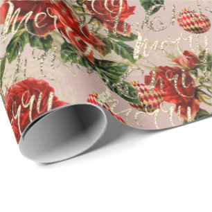 Frohe Weihnachten Gold Glitzer Script Rose Baubles Geschenkpapier