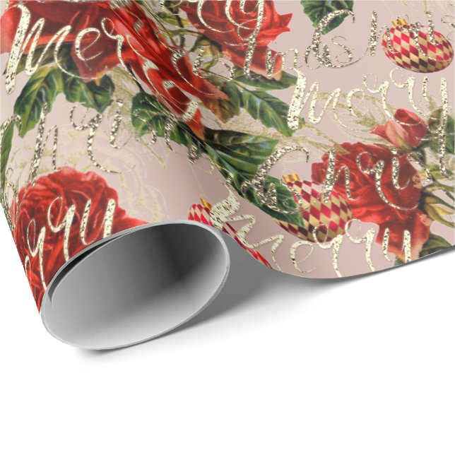 Frohe Weihnachten Gold Glitzer Script Rose Baubles Geschenkpapier (Rolleneckpunkt)