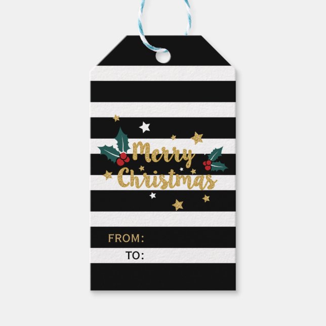 Frohe Weihnachten Gold Glitzer & Streifen Geschenkanhänger (Vorderseite)