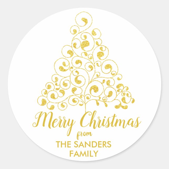 Frohe Weihnachten Gold Glitzer Weihnachtsbaum Runder Aufkleber (Vorderseite)