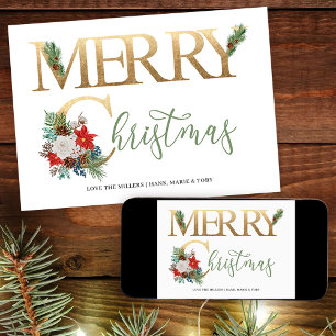 Frohe Weihnachten Gold Green Poinsettia und Pine