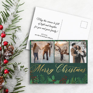 frohe weihnachten gold grün 3 foto collage paar postkarte