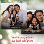Frohe Weihnachten Gold Heart Modernes Script Foto Keramikornament<br><div class="desc">Minimalistisches Foto-Urlaubssornament in einem modernen Drehbuch Typografie-Design las Fröhliche Weihnachten unter einem goldenen Printessin mit Ihrem Lieblings-Foto. Mit diesem niedlichen,  einfachen,  trendigen Familienweihnachtsgeschenk machen Sie Ihren Lieben Freude. Auf der Rückseite druckten Sie Ihre individuelle Namen,  das Jahr oder die Nachricht und ein anderes Foto.</div>