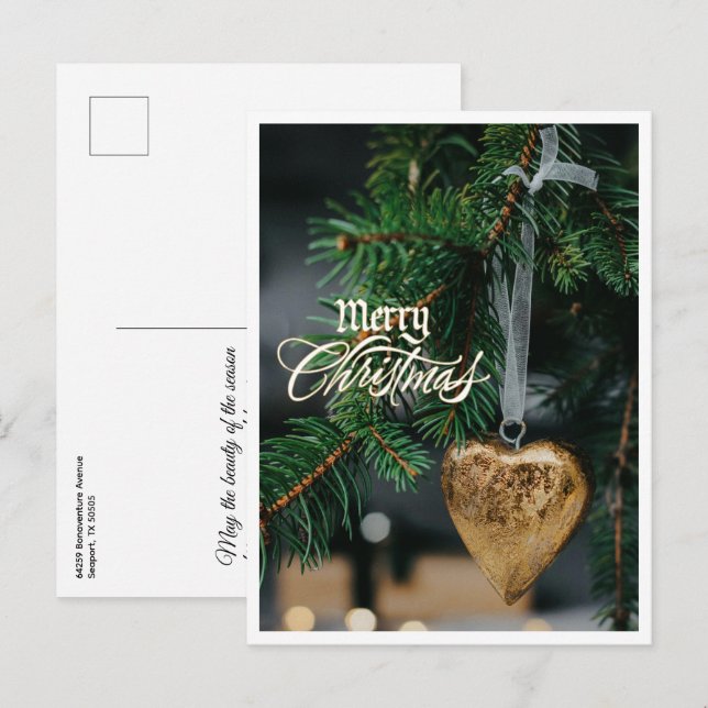Frohe Weihnachten Gold Herz Tree Ornament Postkarte (Vorne/Hinten)