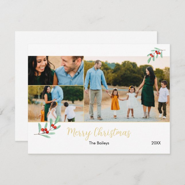 Frohe Weihnachten Gold Mistletoe 3 Foto Collage (Vorne/Hinten)