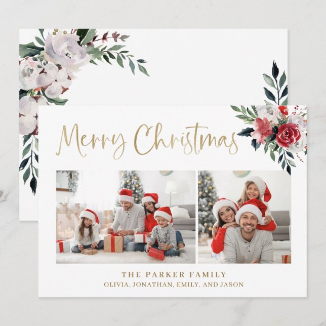 Frohe Weihnachten | Gold mit zwei Fotos und Blume (Vorne/Hinten)