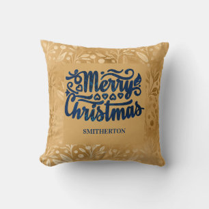 Frohe Weihnachten Gold Navy Blau Brush Schriftname Kissen